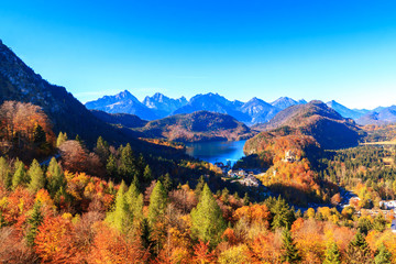 Mountain lake and  view to Bavarian Alps