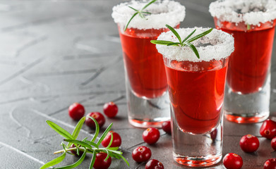Red alcoholic cocktail cranberry and vodka with rosemary. Selective focus. Copy space