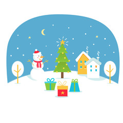 Fototapeta na wymiar Winter Holidays Illustration with Snowy Town and Christmas Tree. Vector Illustration for Poster Design