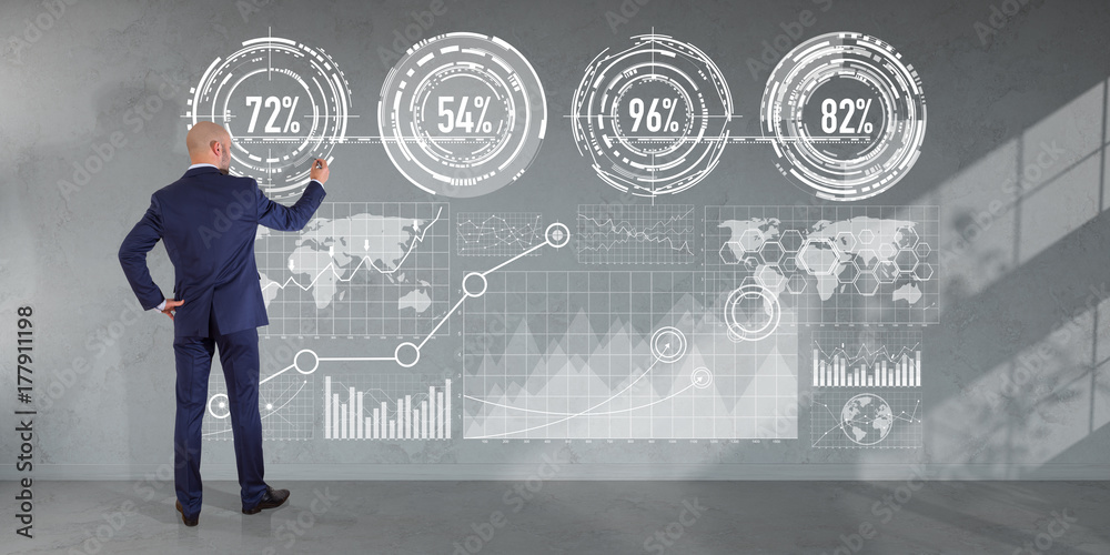 Poster Businessman using graph screens interface on a wall 3D rendering