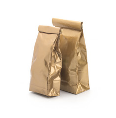 Two gold foil food pouch bags template on white background