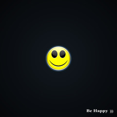 yellow smiley face on a black background with the words be happy