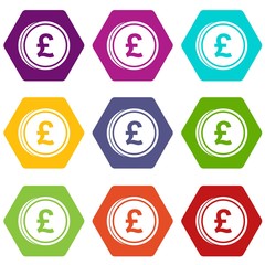 Coins of pound icon set color hexahedron