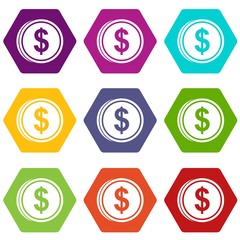 Coin dollar icon set color hexahedron