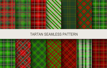 Christmas tartan seamless  patterns in grin and red colors