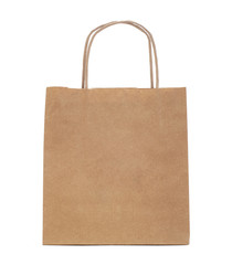 Recycled paper shopping bag on white background.