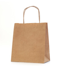 Recycled paper shopping bag on white background.