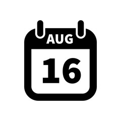 Simple black calendar icon with 16 august date isolated on white