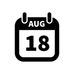 Simple black calendar icon with 18 august date isolated on white