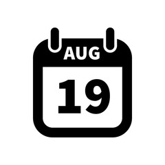 Simple black calendar icon with 19 august date isolated on white
