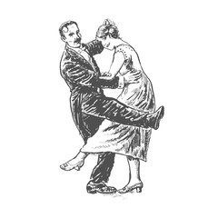 Private dancers. Couple dancing. Vintage vector lineart engraving style. Victorian Era hand drawn illustration