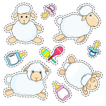 Set of stickers sheep in cartoon style isolated on white background. Sheep in different poses. Baby bottle, nipple and toys. Vector illustration.