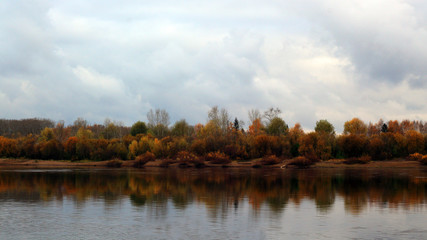 Yellow autumn trees. Reflection in a river water.