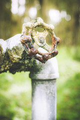 A close up of a rusted valve connects to water supply with metal pipe,Industrial metal water tab,seen in a garden, for watering the plants