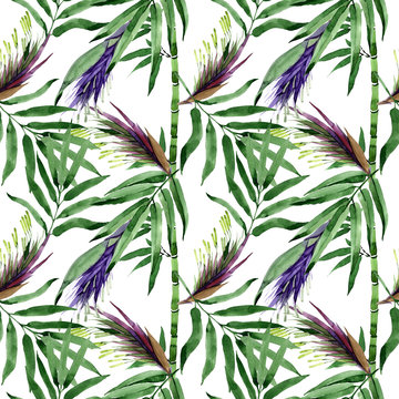 Tropical leaves bamboo tree pattern in a watercolor style. Aquarelle wild leaves for background, texture, wrapper pattern, frame or border.