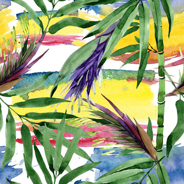 Tropical leaves bamboo tree pattern in a watercolor style. Aquarelle wild leaves for background, texture, wrapper pattern, frame or border.
