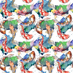 Fototapeta na wymiar Exotic goldfish wild fish pattern in a watercolor style. Full name of the fish: goldfish. Aquarelle wild fish for background, texture, wrapper pattern or tattoo.