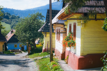 Typical Traditional Wooden Houses in Village of Vlkolinec - the UNESCO World Heritage Site, Slovakia - obrazy, fototapety, plakaty