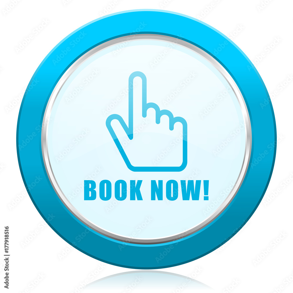 Poster book now blue chrome silver metallic border web icon. round button for internet and mobile phone app