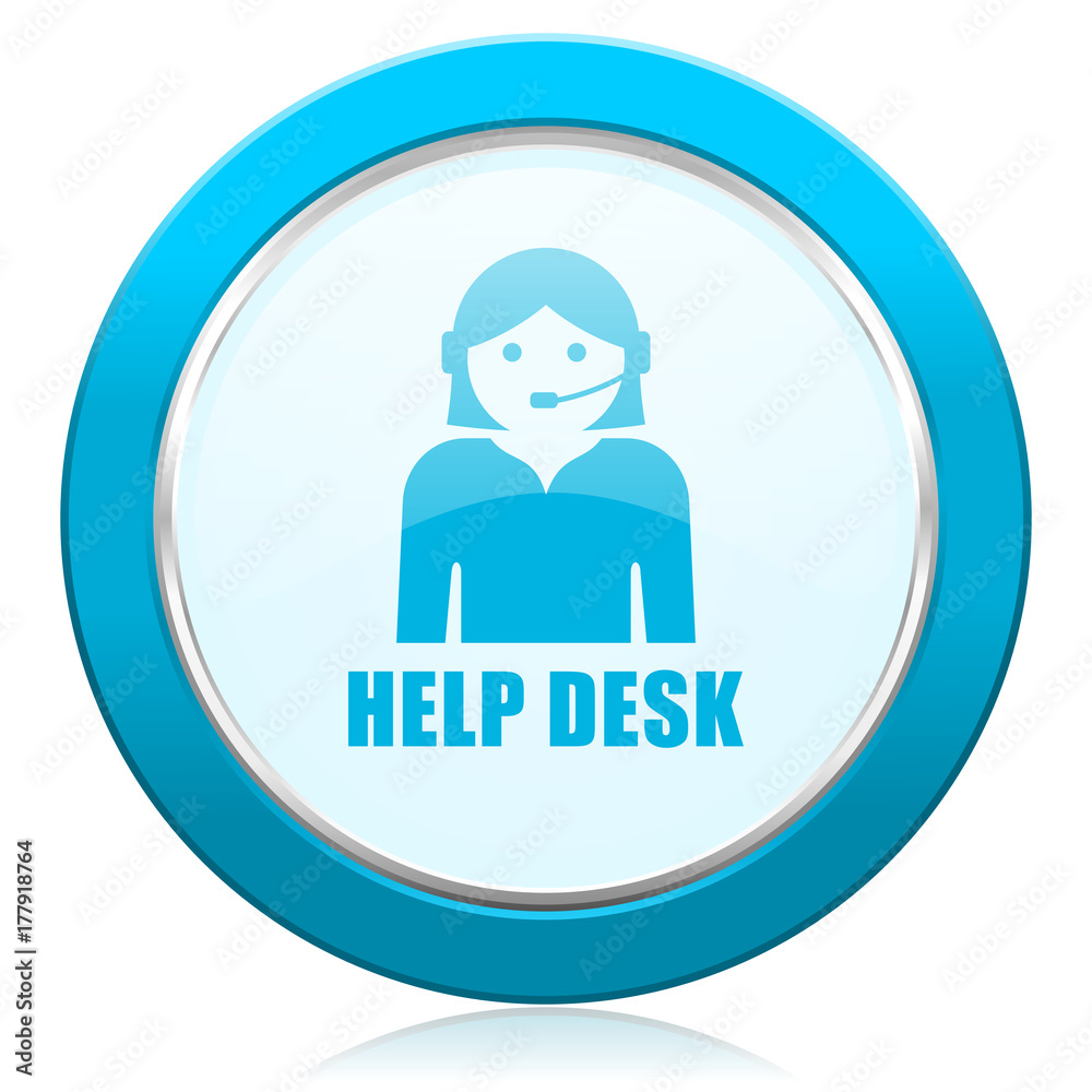 Poster Help desk blue chrome silver metallic border web icon. Round button for internet and mobile phone application designers.