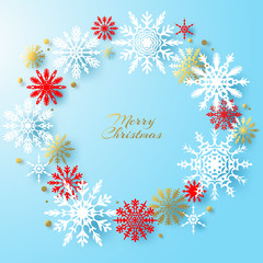 Christmas decorations. Snowflakes. Set. New Year. Vector background. Celebration. Winter. Snow. Frame. Border. Gold.