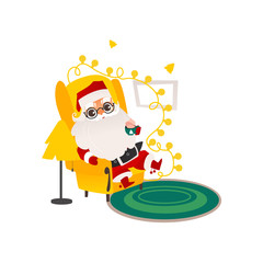 vector flat cartoon santa claus in christmas stockings and hat, glasses sitting at luxury armchair drinking coffee smiling. Holiday illustration isolated on a white background.