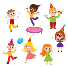vector flat cartoon kids at party set. Boys eat piece of cake, jumping at trampoline, dancing with air balloon, girls singing at microphone, dancing and whistling in party hat. Isolated illustration.