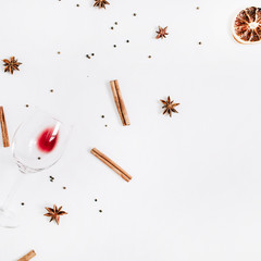 Mulled wine ingredients on white background. Flat lay, top view Christmas or New Year holiday concept.