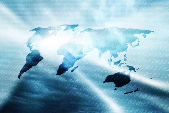 Dark blue abstract world map with binary numbers background.