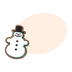 Glazed snowman-shaped homemade Christmas gingerbread cookie, sketch style vector illustration isolated on white background with speech bubble