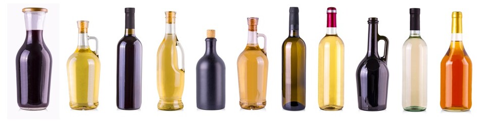 set of  bottles with alcoholic beverage closed with a cork isolated on white background.