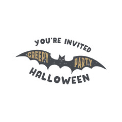Happy Halloween badge. Vintage hand drawn logo design. Monochrome style. Typography elements and Halloween symbol - bat. Stock isolated on white background