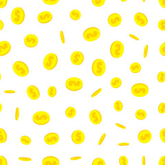 Seamless pattern with golden dollar coins falling down on white background. Success business concept. Internet banking, mobile payments, deposit, investment, saving symbol. Vector illustration.