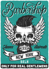 Poster ready design with illustration of stylish skull with wings on the background.