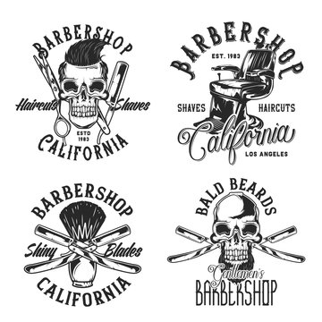 Set of vintage barbershop emblems, labels, badges, logos. Isolated on white