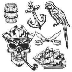 Set of pirate elements for creating your own badges, logos, labels, posters etc. Isolated on white
