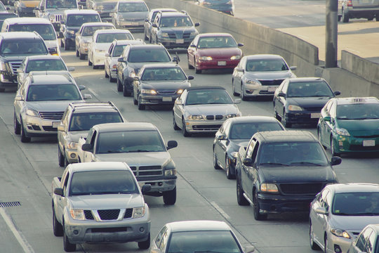 Stressful traffic jam on freeway in Los Angeles
