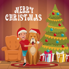 Boy with dog christmas cartoon icon vector illustration graphic design