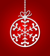 Red Christmas Ball background with paper snowflakes. Christmas card flake. Xmas invitations template.