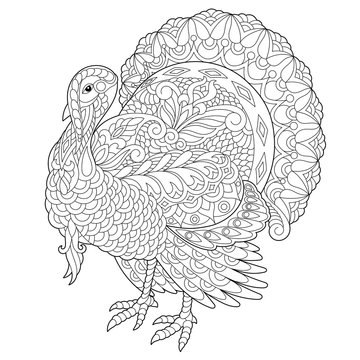 Coloring page of turkey for Thanksgiving Day greeting card. Freehand sketch drawing for adult antistress coloring book with doodle and zentangle elements.