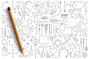 Hand drawn set of arrow doodles with green lettering in vector