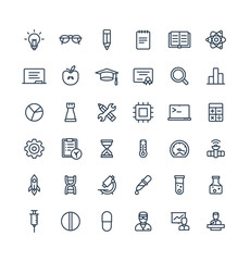 Fototapeta premium Vector thin line icons set and graphic design elements. Illustration with science and laboratory research outline symbols. Idea bulb, dna code, medical development, conference, atom linear pictogram