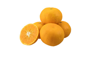 Mandarin oranges, close up whole orange fruits and sliced orange isolated on white background with clipping path