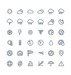 Vector thin line icons set and graphic design elements. Illustration with weather and meteo outline symbols. Sun, cloud, rain, snow, moon, thermometer, humidity, umbrella flat linear pictogram
