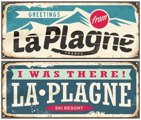 La Plagne France retro souvenir signs set from one of the most popular ski resorts and winter holiday destinations
