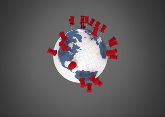 Grey background with world globe with location pins