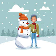 Boy with snowman cartoon icon vector illustration graphic design