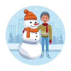 Boy with snowman cartoon icon vector illustration graphic design