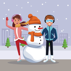 Friends with snowman cartoon icon vector illustration graphic design