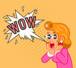 Surprised female customer girl character shocked woman scream wow commercial business offer flat design line art vector illustration